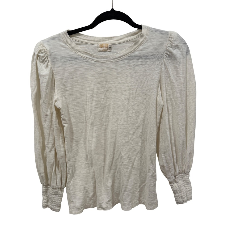 Nation LTD Pima Cotton Slub Puff Sleeve Smocked Cuff Top Off White Small